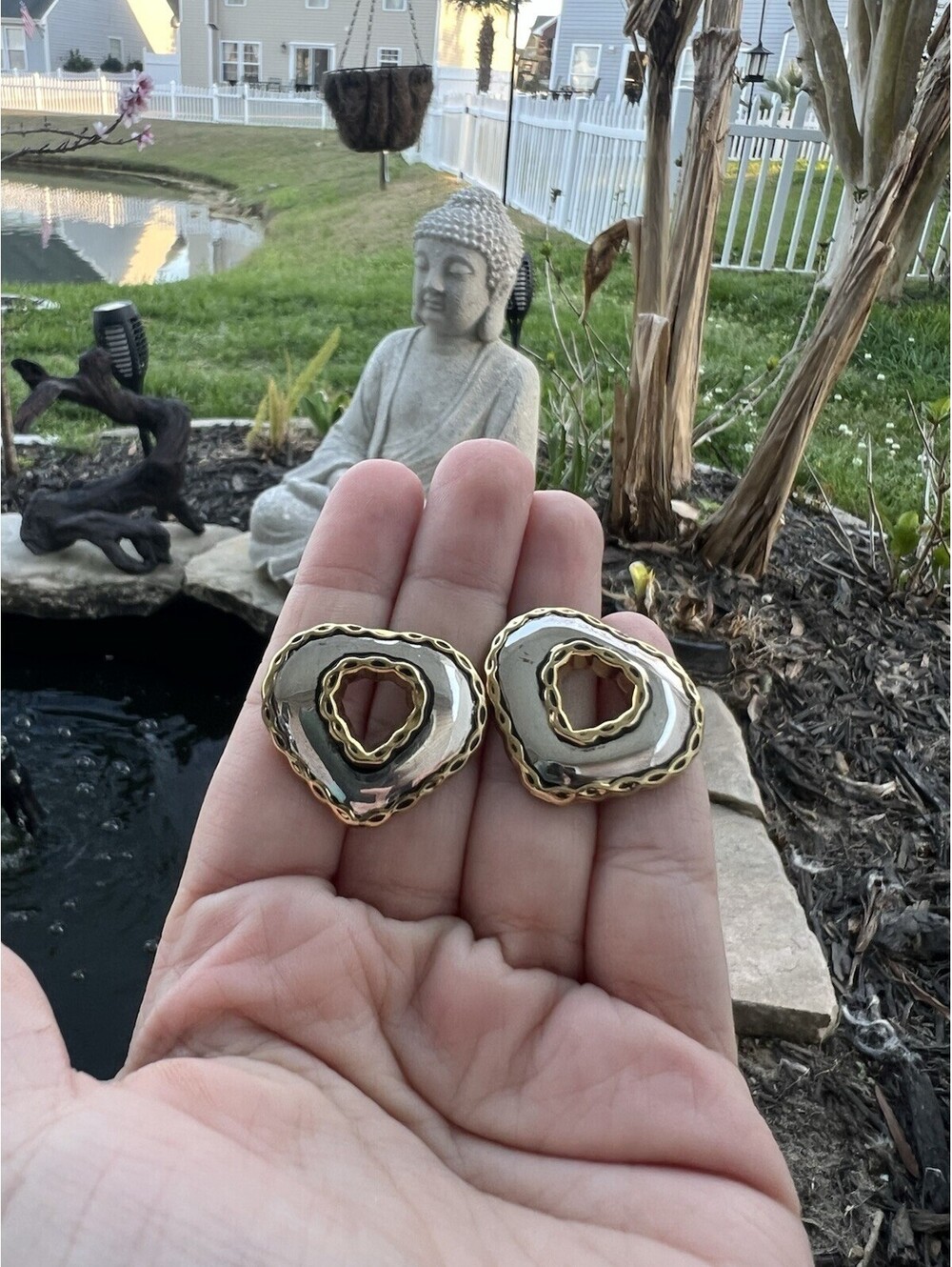 Vintage Stud Heart Earrings Two Tone Gold Silver